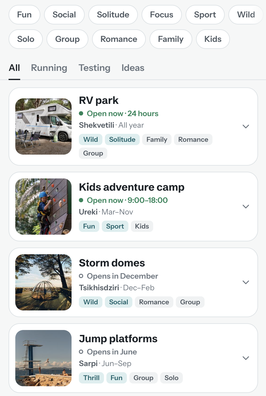 Experiences along the coast, filtered by mood and status