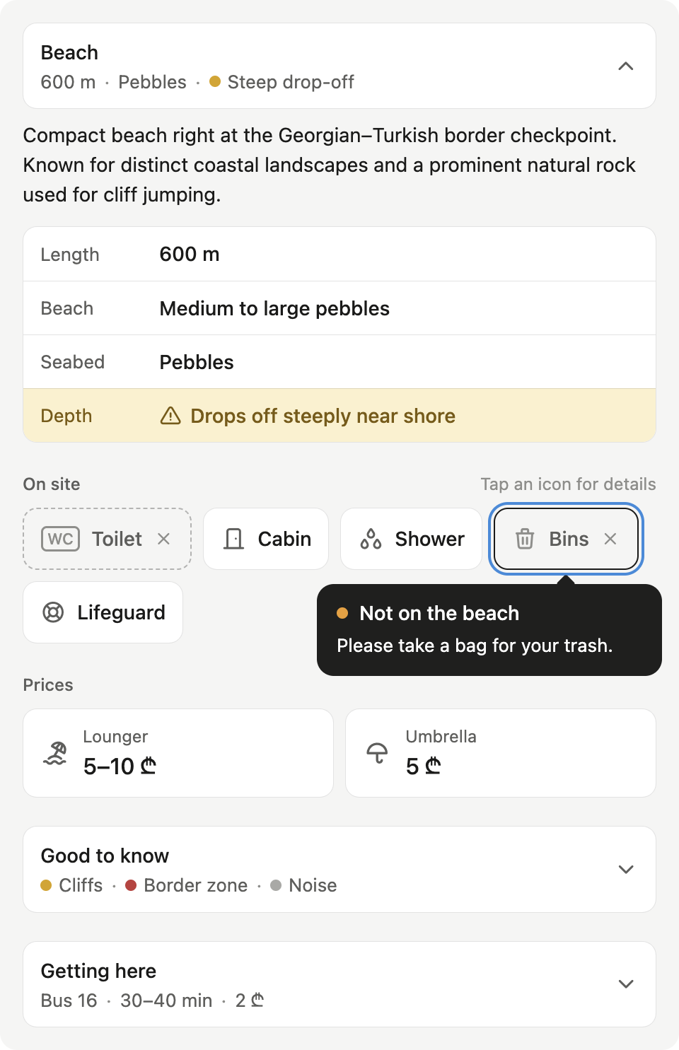 Beach card with facilities, prices and safety notes