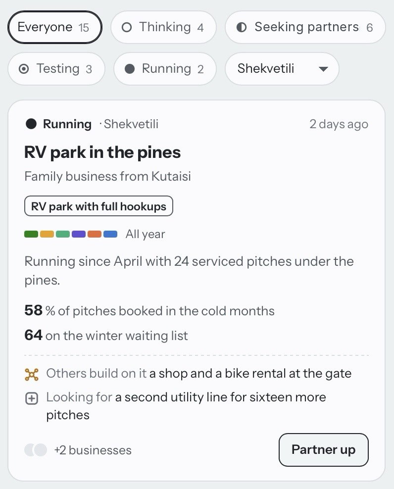 Business card with status, results and partner request